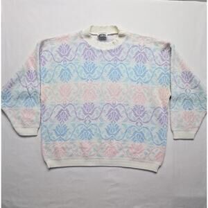 Vintage Multicolor Pastel Floral Knit Sweater 80s Style Womens 20 2X Pullover